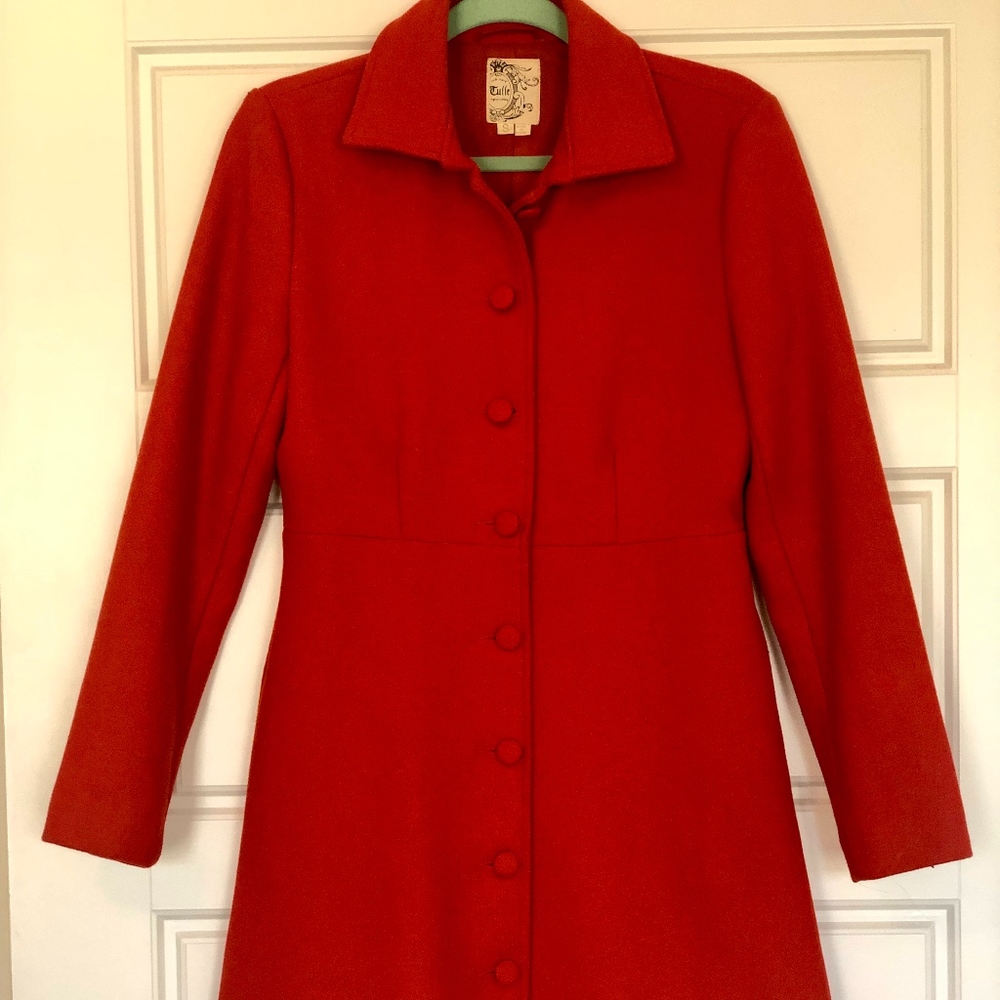 Tulle, XS, Orange/Red Midi-Length Wool Coat. -OBO